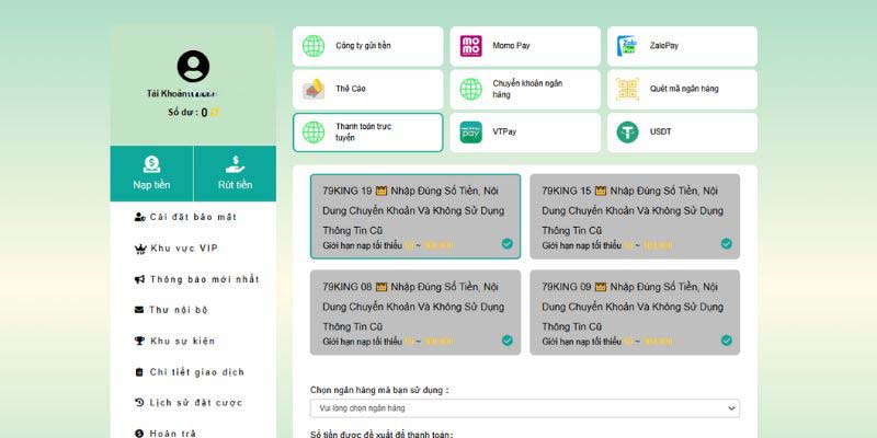 Cách nạp tiền vào tài khoản cá cược online 79KING