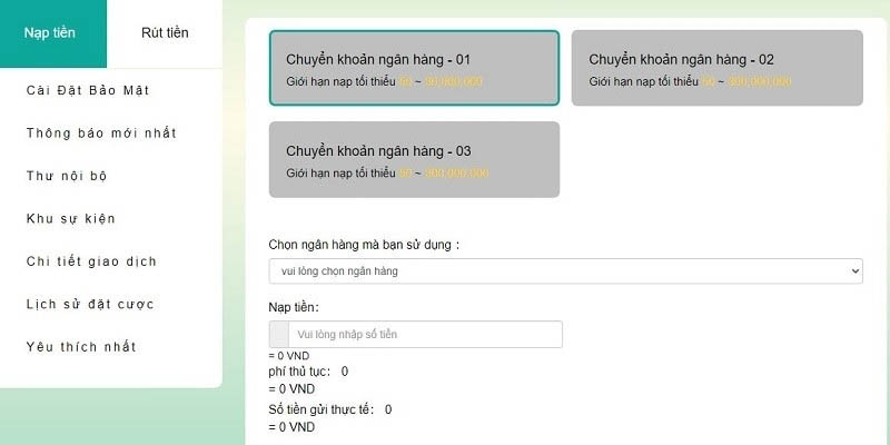 Tiền hành nạp tiền thông qua các phương thức hay được sử dụng